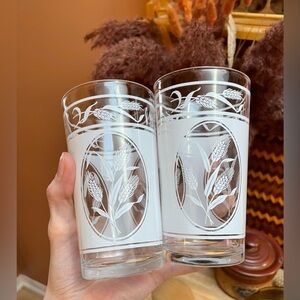 Hazel Atlas Highball Glasses Wheat Illustration & Gold Rims - 2Pc Set